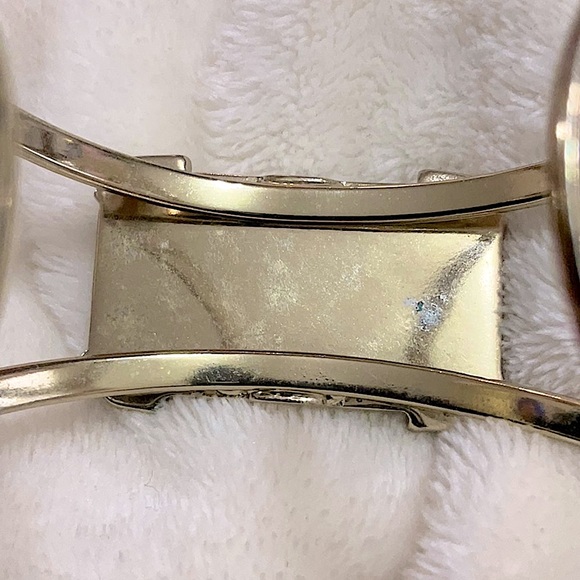 Goldtone Hammered Open Cuff Bangle Bracelet with MOP Center Accent - Picture 6 of 8